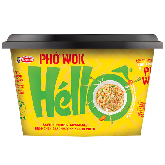 Hello Pho gluten-free instant Pho wok pasta in 76g package, showing the product packaging with branding and product details.