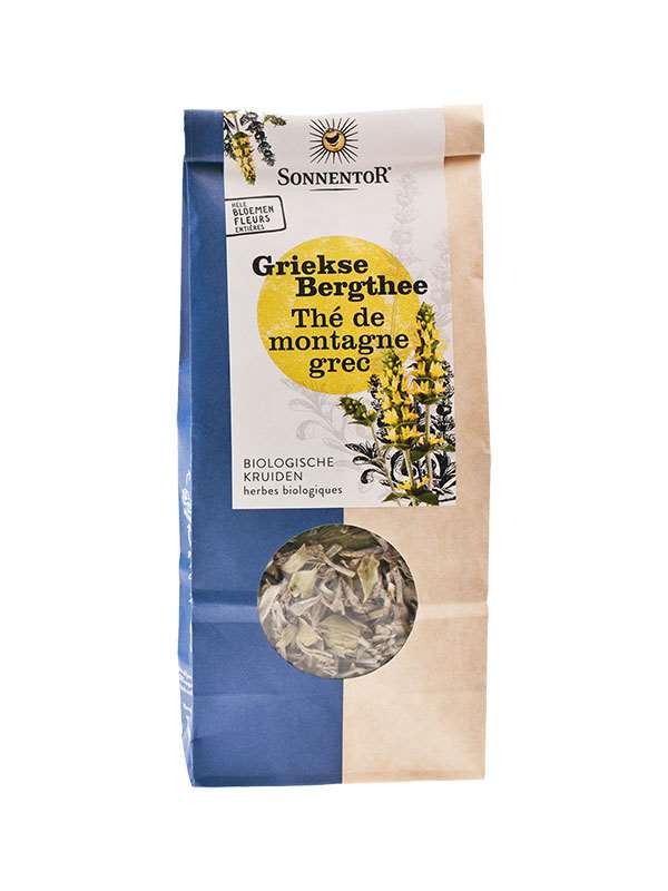 Organic Sonnentor Greek Mountain Tea loose in a 40g package, featuring fresh, aromatic herbal tea leaves.