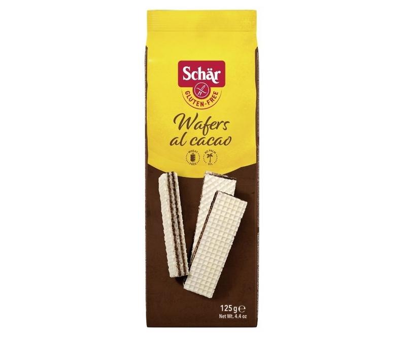 Schar chocolade glutenvrije wafels in 125g package, showing crispy koeken with chocolate coating and textured surface.