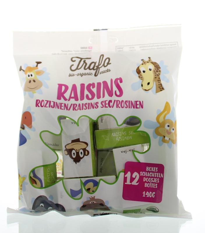 Trafo Rozijntjes kinderdoosje bio, 144g, showing a colorful box of organic raisin snacks for kids.