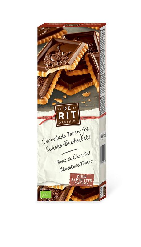 De Rit bio chocolade torentje, 150g, featuring a stacked chocolate treat with a rich, smooth texture and decorative chocolate accents.