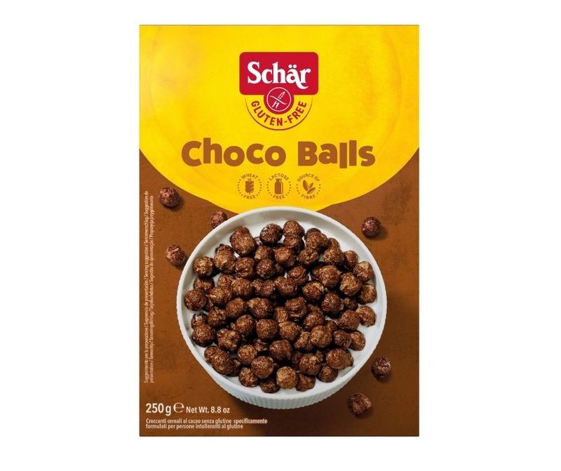Schar gluten-free Choco Balls breakfast cereal in a 250g package, with chocolate-coated cereal balls in a bowl