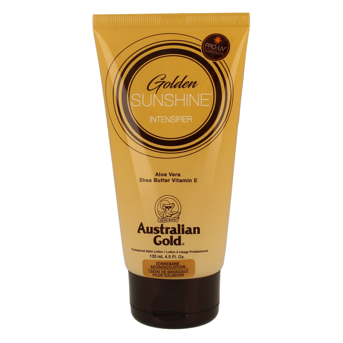 Australian Gold Golden Sunshine Intensifier tanning lotion in a 130ml bottle, designed for sun tanning and skin glow.