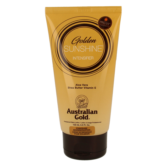 Australian Gold Golden Sunshine Intensifier tanning lotion in a 130ml bottle, designed for sun tanning and skin glow.