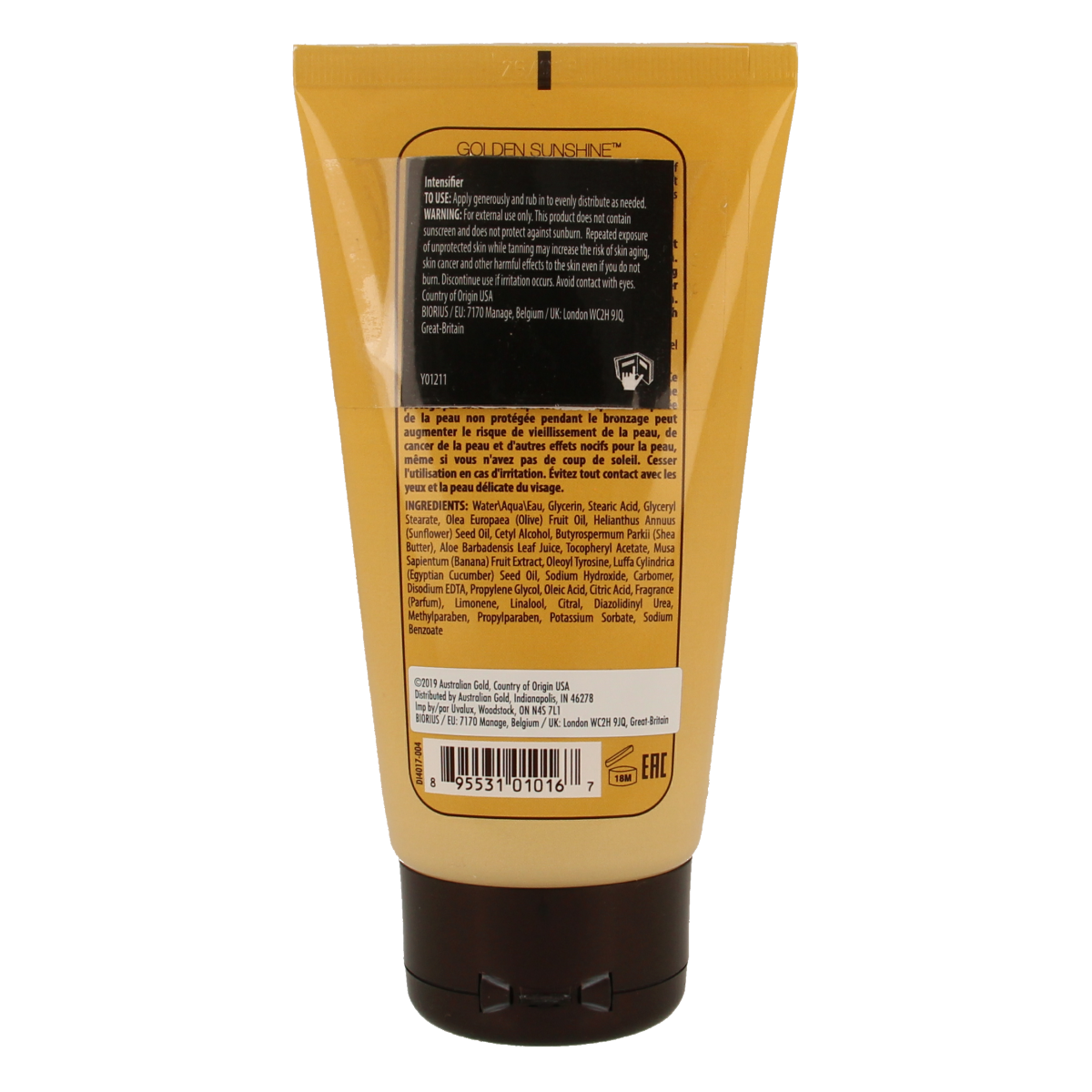 Australian Gold Golden Sunshine Intensifier lotion for tanning, 130ml, featuring a sunlit bottle with a tropical background.