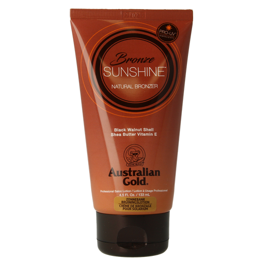Australian Gold Bronze Sunshine natural bronzer in 133ml bottle, featuring a sun-inspired design and golden-colored liquid inside.