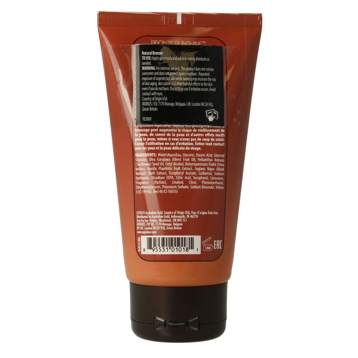 Australian Gold Bronze Sunshine natural bronzer in a 133ml bottle, featuring a sunny, golden tanning product with Zonnen branding.