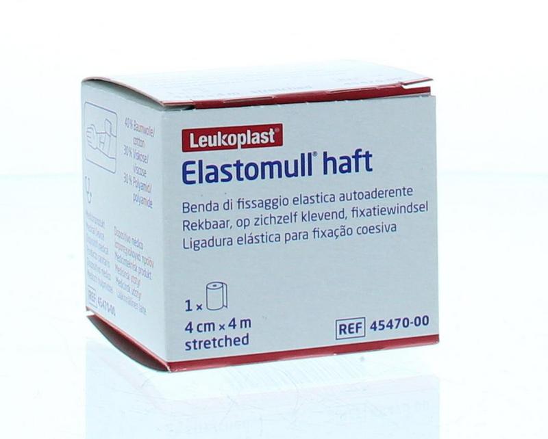 Elastomull Elastomull Fixatiewindsel wound dressing, 4m x 4cm, sterile bandage for medical use, shown in packaging.