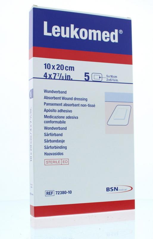Sterile Leukomed wound dressing 10x20cm, pack of 5, for wound care and protection, from the Leukomed brand.