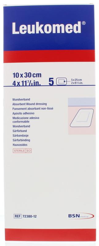 Sterile Leukomed wound dressing in 10x30cm size, displayed on a medical tray, part of the pleisters en tape product line.