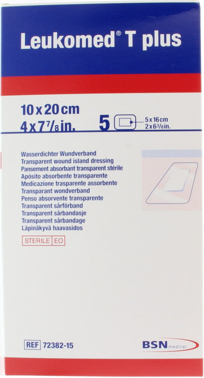 Leukomed Transparent wound dressing T plus, 10x20cm, pack of 5, sterile adhesive bandages for wound care.