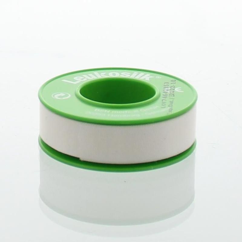 Leukosilk Hechtpleister 9.2m x 1.25m, adhesive medical tape for wound care, shown in the product image.