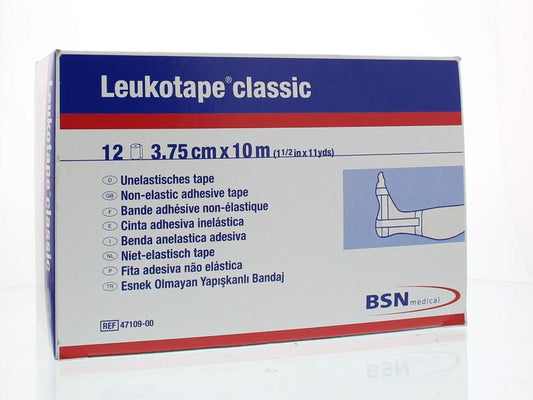 Leukotape Classic sports tape, 10m x 3.75cm, white, ideal for athletic taping and injury support, shown in the image.