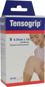 Tensogrip elastic bandage in skin tone, 1 meter by 6.25 cm, displayed rolled out on a white background.