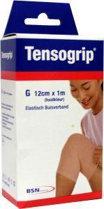 Tensogrip elastic tube bandage in skin color, 1 meter by 12 cm, used for support and compression, shown laid flat.