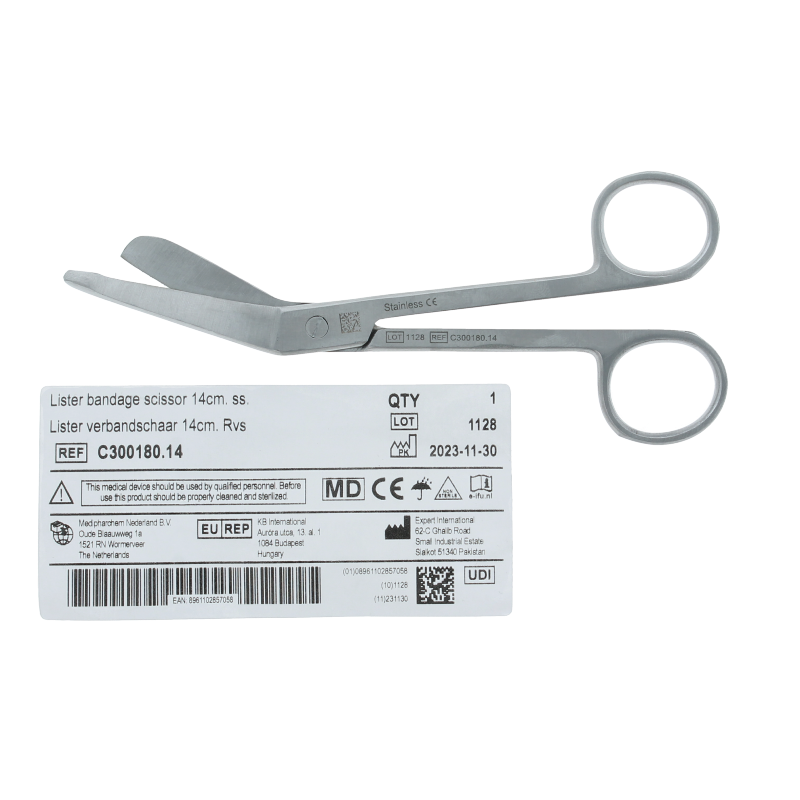 Heka RVS 14cm verbandschaar for medical use, stainless steel scissors with ergonomic handles.