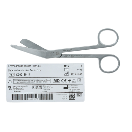 Heka RVS 14cm verbandschaar for medical use, stainless steel scissors with ergonomic handles.