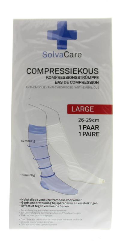 Solvacare compression stockings in size L (26-29 cm) with a pair of bandages, designed for leg support and compression therapy.