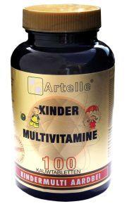 Artelle Kindermulti aardbei multivitamine kauwtabletten for children, strawberry-flavored dietary supplement with essential vitamins.