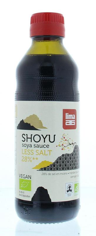 Lima Shoyu soy sauce with 28% less salt in a 250ml bottle, organic, for cooking and seasoning.