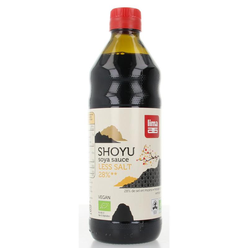 Lima Shoyu soy sauce bottle with 28% less salt, organic, 500ml, in a clear plastic bottle with label, for cooking and dipping.