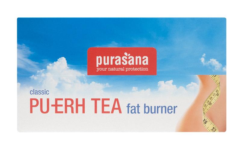 Purasana vegan Pu-erh tea bags, 96-count, in a box, showing individual tea bag packaging and branding.