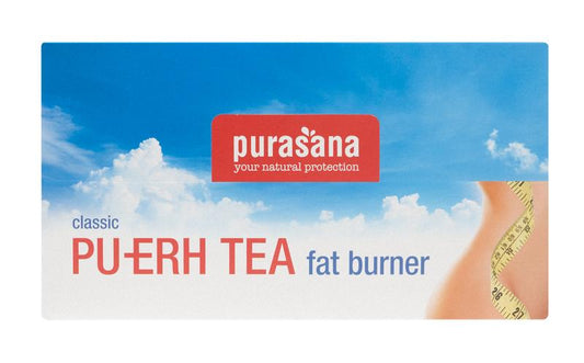 Purasana vegan Pu-erh tea bags, 96-count, in a box, showing individual tea bag packaging and branding.