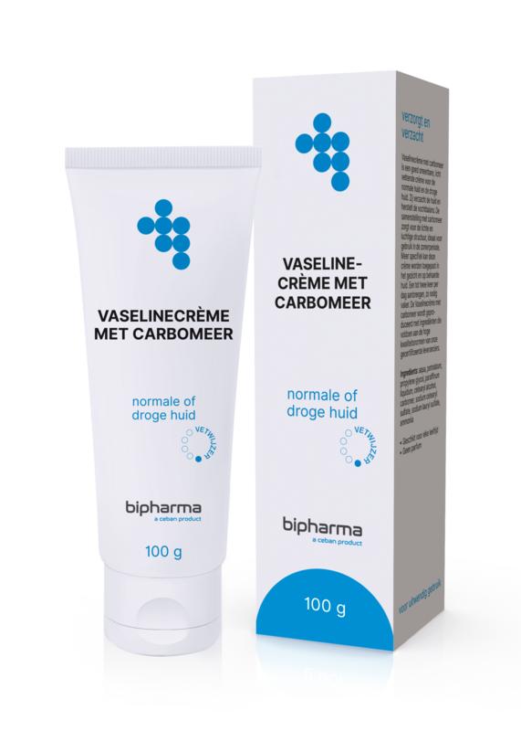 Bipharma Vaseline with carbomer tube, 100g, for body care, shown in a white and blue squeeze tube.