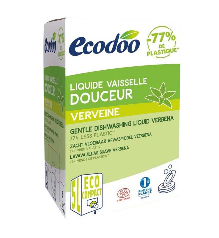 Ecodoo liquid dish soap with verbena scent in a 5-liter refill bottle, eco-friendly biodegradable dishwashing liquid.