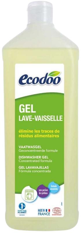 Ecodoo bio dishwashing gel in a 1-liter bottle, eco-friendly afwasmiddelen with natural cleaning ingredients.