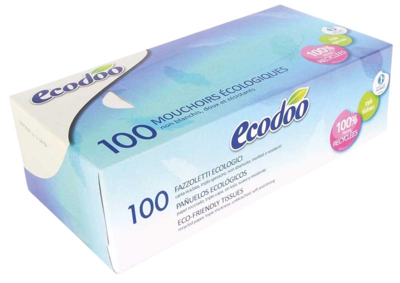 Ecodoo tissue box with 100 disposable tissues, soft and convenient for everyday use.