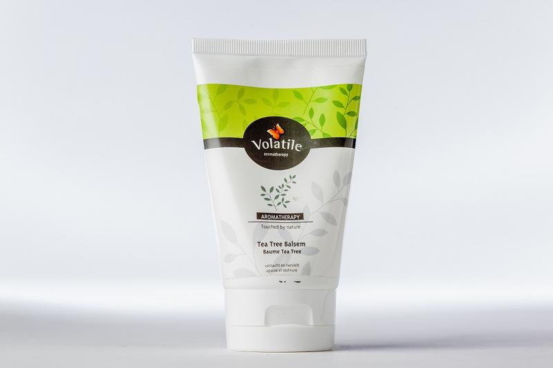 Volatile Tea Tree Balsem 100ml, natural body care product with a white jar and label, used for skin soothing and aromatic relief.