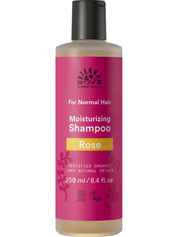 Urtekram Rozen Shampoo for normal hair, 250ml, natural hair care product with floral rose scent and gentle cleansing formula.