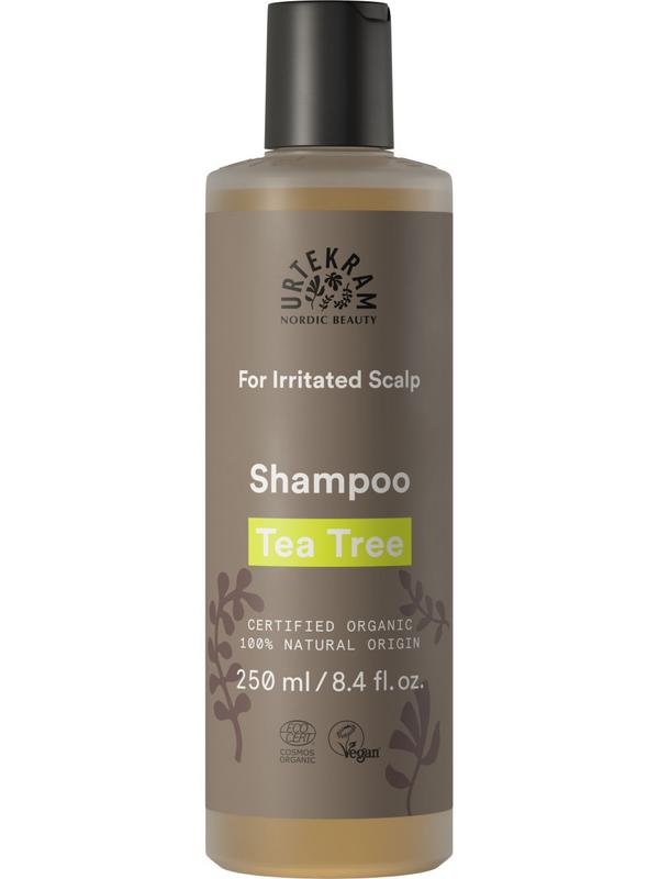 Urtekram Tea Tree Shampoo 250ml bottle, natural hair care product with tea tree for scalp cleansing and refreshment.