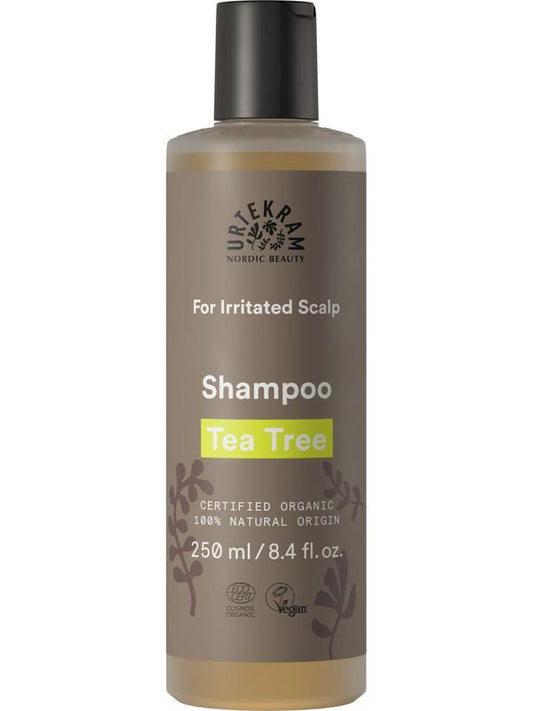 Urtekram Tea Tree Shampoo 250ml bottle, natural hair care product with tea tree for scalp cleansing and refreshment.