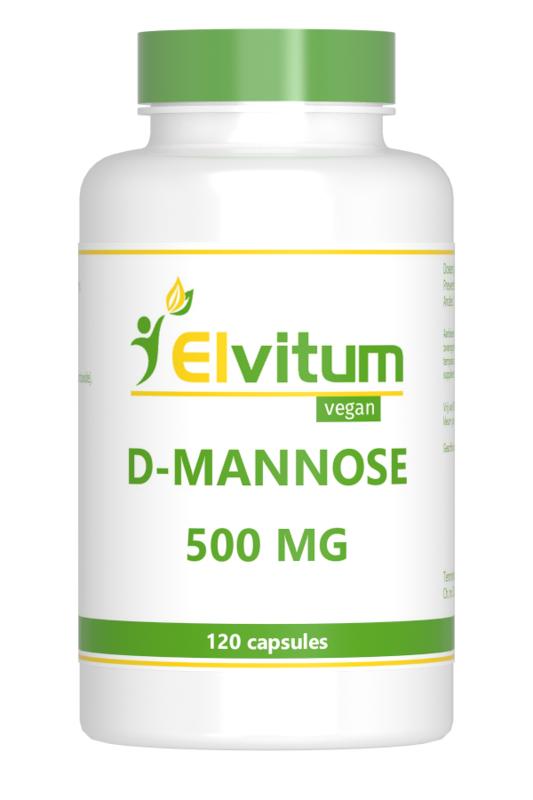 Elvitum D-Mannose 500mg vegetarian capsules, herbal supplement in a clear bottle with white cap, displayed on a white background.