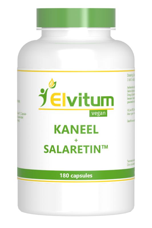 Elvitum Kaneel met salaretin vegetarische capsules, kruidensupplement, close-up of the capsule bottle with label details.