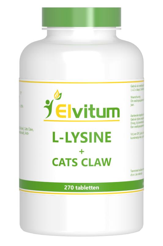 Elvitum L-Lysine cats claw amino acid supplement tablets, 270 count, for feline immune support and health.