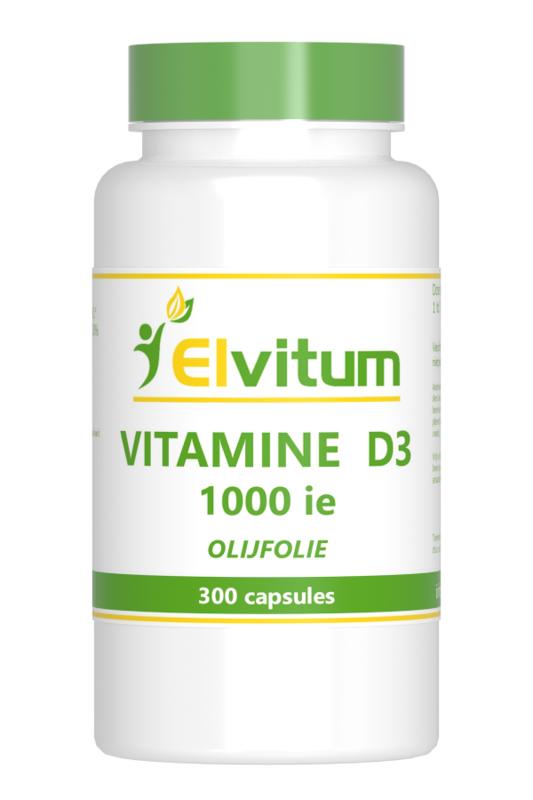 Elvitum Vitamin D3 1000IU capsules, showing a bottle of 300 dietary supplement capsules for immune support.