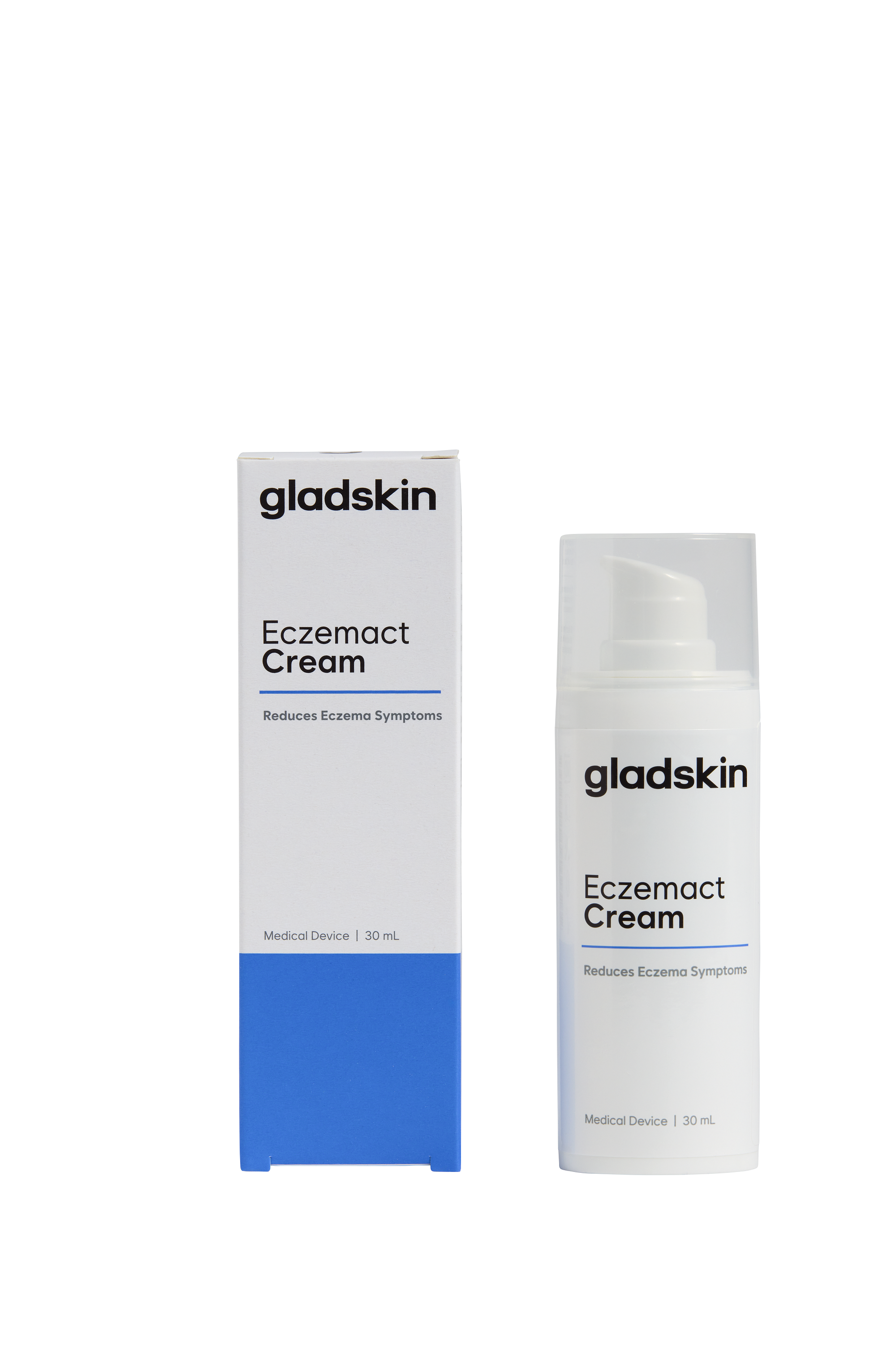 Gladskin Eczemact cream 30ml in a tube, body skincare product for eczema relief, with natural ingredients and soothing formula.