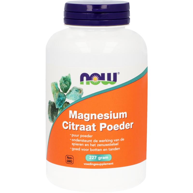 NOW Magnesium Citrate Powder in a 227g container, a mineral supplement with natural magnesium citrate crystals.