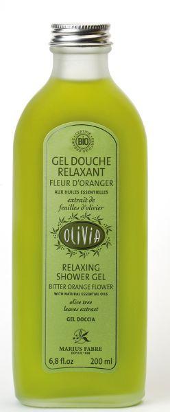 Marius Fabre Olivia douchegel bottle, 230ml, with a clean design and label, suitable for personal hygiene and bathing.