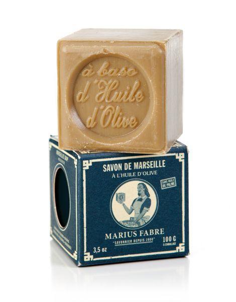 Marius Fabre Savon Marseille olive soap in box, 100g, natural soap with traditional French formulation and olive oil content.