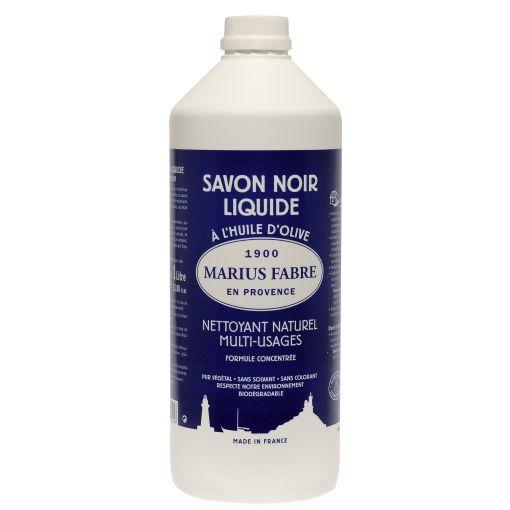 Marius Fabre Savon Noir Lavoir Zwarte Zeep in 1-liter bottle, traditional dark soap for cleaning and skincare.