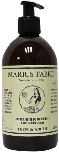 Marius Fabre Nature Marseille soap with thyme and dill, 500ml, featuring a pump dispenser and natural botanical ingredients.