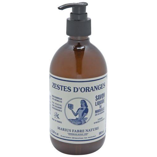 Marius Fabre Nature Marseille zeep sinaasappel met pomp, 500 ml, plastic pump bottle with orange-colored liquid soap.