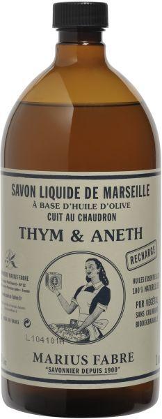 Marius Fabre Nature Marseille Zeep with thyme and dill refill in a 1-liter bottle, natural soap for gentle cleansing.
