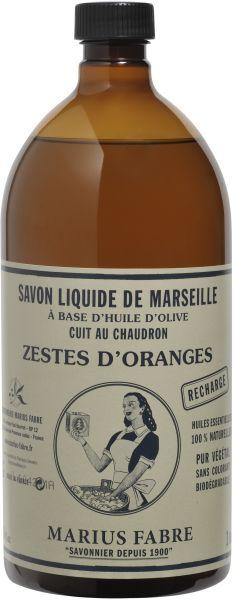 Marius Fabre Nature Marseille zeep sinaasappel navul 1 liter bottle, natural soap with orange scent, in a clear plastic container.