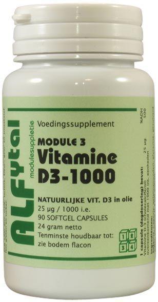 Alfytal Vitamin D3-1000 softgels bottle showing 90 softgels, dietary supplement for bone health and immune support.