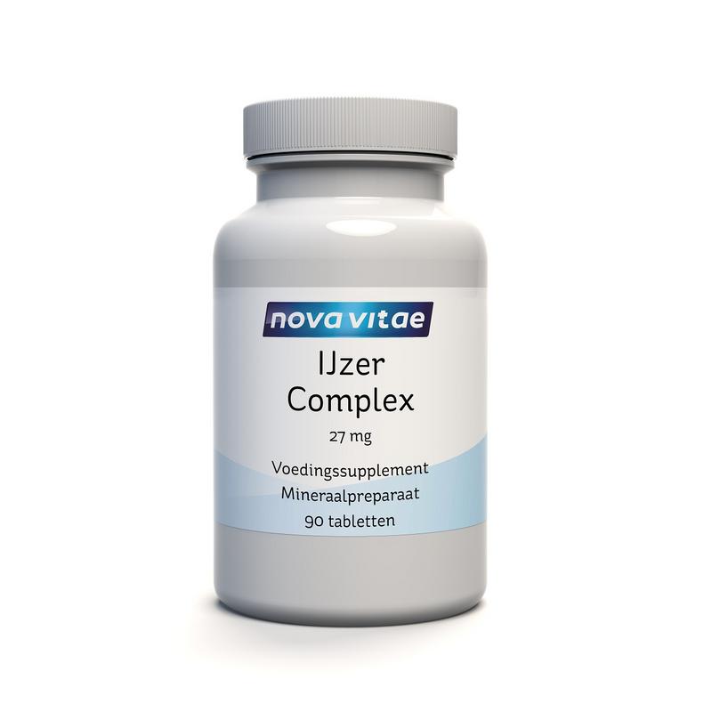 Nova Vitae IJzer Complex 27 mg multivitamin tablets, showing a bottle of 90 tablets with label and capsule details.